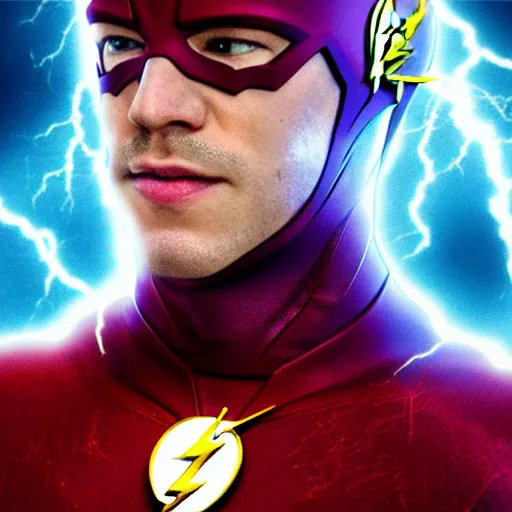 Prompt: close up of The Flash\'s face with lightning, realistic, detailed, 8k