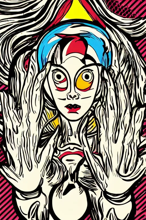 Image similar to ghost caught on camera. symmetrical anatomy, coloured comic, baroque, pop art style, fantasy, without duplication, art by roy lichtenstein and andy warhol and vinicius gud and gustavo zambelli, intricate, trending artstation, dribble popular.