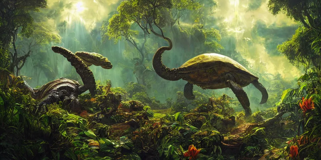 Image similar to fantasy oil painting, alien spacecraft, outer worlds, great leviathan, turtle cephalopod terrapin reptilian pachyderm amphibian hybrid, rainforest mountains, lush plants flowers, epic natural light, bright clouds, luminous sky, bright cinematic key lighting, michael cheval, michael whelan, vray, 8 k hd