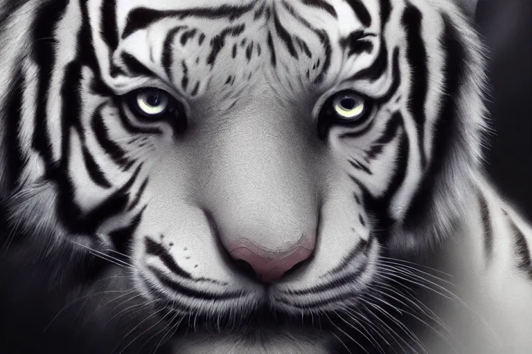 Prompt: realistic portrait of a white tiger, detailed scene, cinematic light, digital painting by magali villeneuve and noah bradley, atmospheric effects, fireflies, 8 k, artstation, deviantart, dawn background