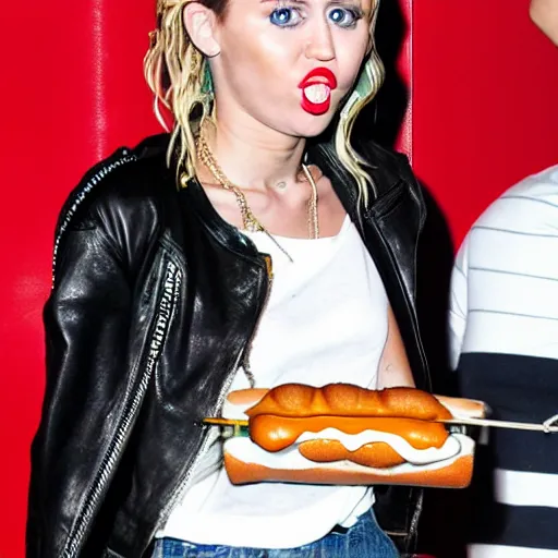 Prompt: Miley Cyrus eating a hotdog