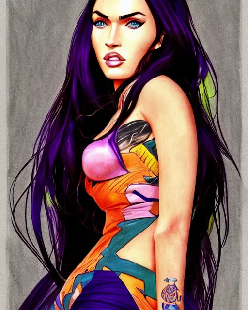 Image similar to portrait of megan fox, beautiful, elegant colorful, inspired by steel ball run manga, artstation trending, deviantart, highly detailed, focus, smooth, illustrated by hirohiko araki