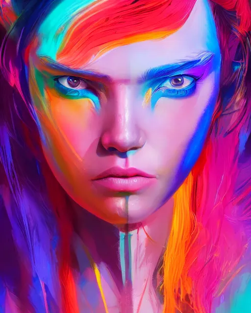 Image similar to colorful portrait of a female hippie, set in the future 2 1 5 0 | highly detailed | very intricate | symmetrical | professional model | cinematic lighting | award - winning | painted by mandy jurgens and ross tran | pan futurism, dystopian, bold psychedelic colors, cyberpunk, groovy vibe, anime aesthestic | featured on artstation