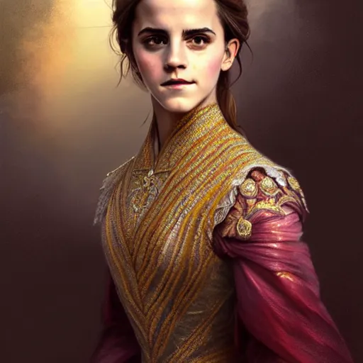 Prompt: emma watson portrait of ottoman sultan gog, female, clear face, symetrical, masculine, full body, 4 k, fantasy, intricate, elegant, highly detailed, digital painting, artstation, concept art, matte, sharp focus, illustration, art by artgerm and greg rutkowski and alphonse mucha