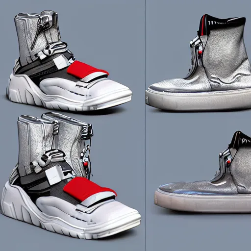 Image similar to futuristic balenciaga and vetements sneakers by maison margiela fusion ultra rendered extreme realism and detail, 8 k, highly detailed, realistic, completely framed, pbr, surreal, hyper realistic, colorful, direct lighting, 3 5 mm photo, photorealistic, sharp focus,