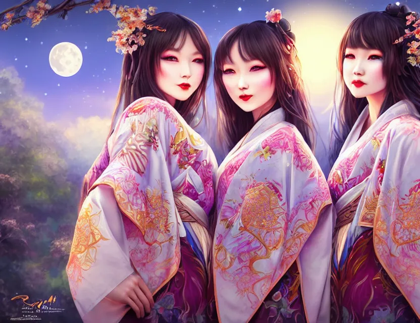 Image similar to two beautiful alluring siberian girls wear fantasy kimono in festival | | sunny night, full moon, dreamlike art, realistic shaded, smile, good looking, hyper details, 4 k realistic, cryengine, realistic shaded lighting poster by artgerm, ross tran, fuji choko, 8 k resolution, trending on artstation, luxury