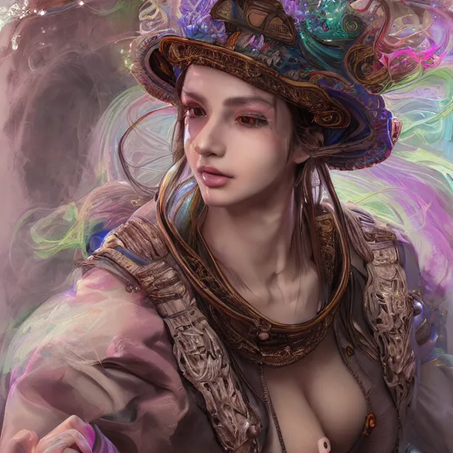 Prompt: portrait of neutral good rainbow colorful female cleric bard healer as absurdly beautiful, elegant, realistic sensual gravure idol looking up, an ultrafine hyperdetailed illustration by kim jung gi, irakli nadar, intricate linework, detailed symmetrical faces, super sharp focus, bright colors, octopath traveler, unreal engine 5 highly rendered, global illumination, radiant light