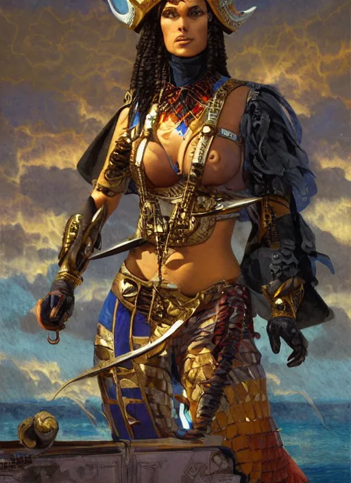 Prompt: dynamic! middle portrait of a biblical diabolical pirate female pharaoh, stylish leather armor, pirate ship! bright glowing eyes, in clouds, strong studio lights, thunder, storm, sunset, by gerald brom, by mikhail vrubel, by peter elson, muted colors, extreme detail, mirrors, trending on artstation, 8 k