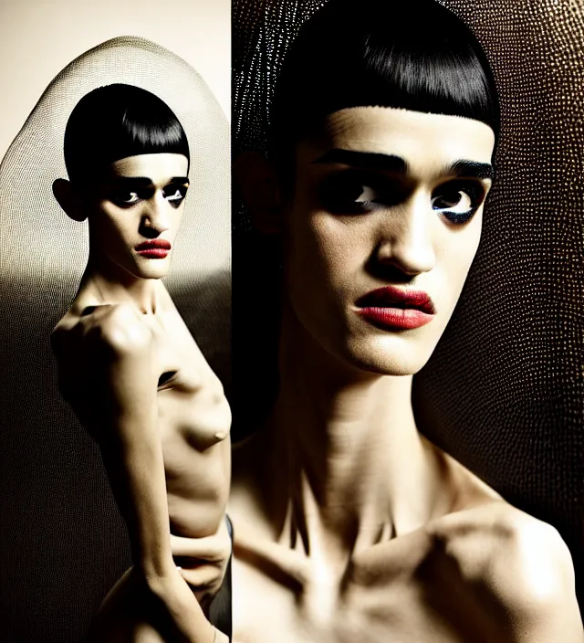 Image similar to photography facial portrait in a gaz station at night of seductive actress sofia boutella dressed by an organic looking dress from designer * iris van herpen *, with stylish colorfull makeup. intriguing soft back lighting, geisha tattoo, highly detailed, skin grain detail, photography by paolo roversi, nick knight, helmut newton, avedon, araki