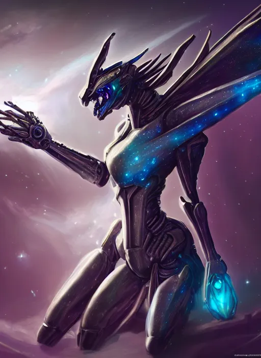 Prompt: cinematic goddess shot, cosmic sized perfectly proportioned stunning beautiful hot anthropomorphic robot mecha female dragon, dragon head, in empty space, floating, nebula sized, larger than galaxies, holding onto a galaxy, silver, epic proportions, epic size, epic scale, furry art, macro art, dragon art, giantess art, warframe fanart, furaffinity, deviantart