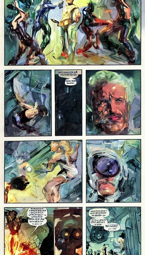 Image similar to 6 panel hard science fiction comic by, john singer sargent, bill sienkiewicz