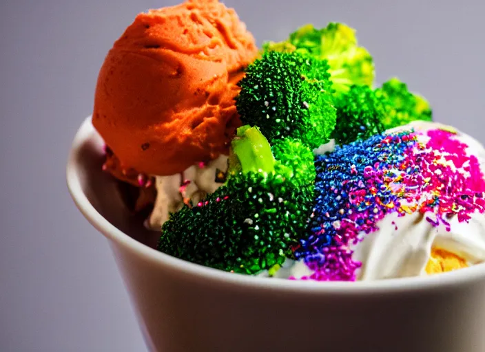 Prompt: food photo still of soft serve swirled frozen yogurt topped with broccoli and rainbow sprinkles, 8 5 mm f 1. 8 studio lighting