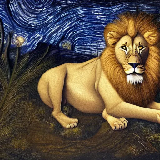 Prompt: a lion sleeping in the jungle by leonardo davinci trending on artstationhd, highly detailed, starry night background, beautiful painting, prayers, meditation, halos