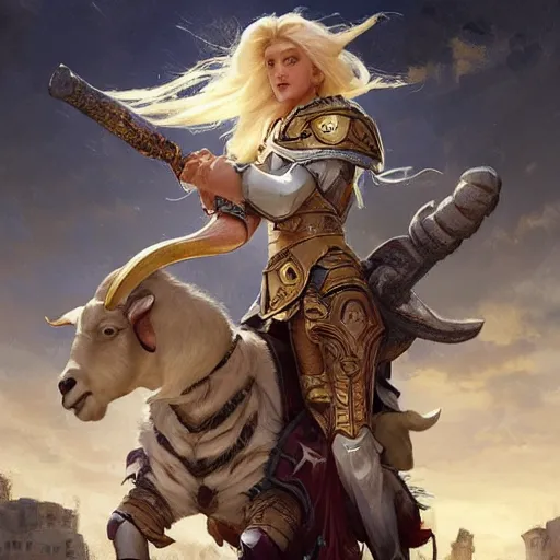 Image similar to a blonde paladin woman holding her shield up fighting a giant goat on the streets of a fantasy town, d & d, fantasy, highly detailed, digital painting, artstation, concept art, character art, art by greg rutkowski and tyler jacobson and alphonse mucha
