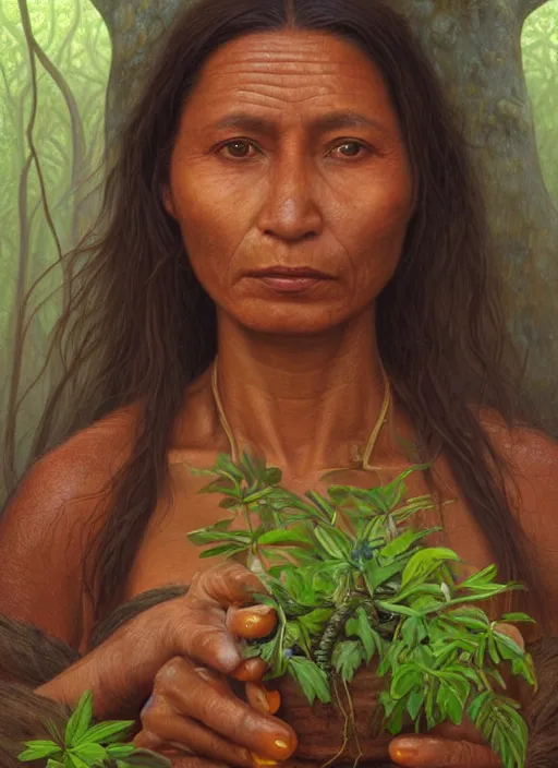 Image similar to a beautiful close up portrait of an indigenous woman preparing plant medicines in the jungle, highly detailed, art by christophe vacher