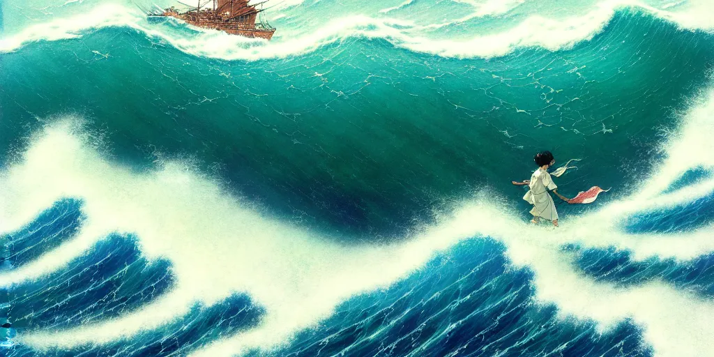 Image similar to pegusus runing through ocean wave, exquisite details, denoised, mid view, by norman rockwell, karl kopinski, artsation, greg rutkowski, makoto shinkai, takashi takeuchi, studio ghibli