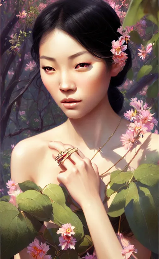 Image similar to a beautiful young charming asian goddess with sundress and jewelry | | winter, realistic shaded, unpleasant face, good looking, fine details, dior, lv, realistic shaded lighting poster by greg rutkowski, macoto takahashi, magali villeneuve, artgerm, jeremy lipkin and michael garmash