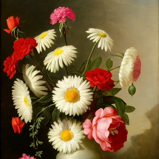 Image similar to a still life of a vase of flowers with a mix of roses daisies and lilies.