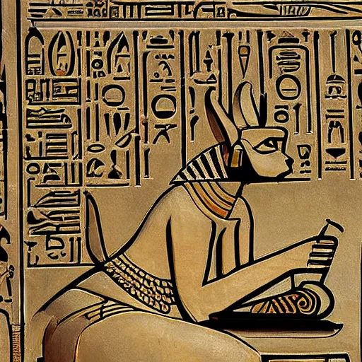 Prompt: Egyptian deity Anubis doing his taxes on a laptop, ancient carving, historic art, archeology, well preserved, high quality photo