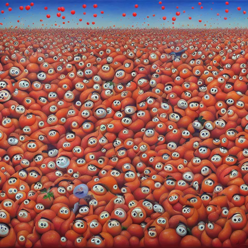 Image similar to a funny high resolution oil painting with dirty old brush of a lazy red burning and melting tomatos with to many googly eyes on a sunset beach to hot for the sun, big piles of strawberry icecream in cones falling from the sky by james jean and fernando botero