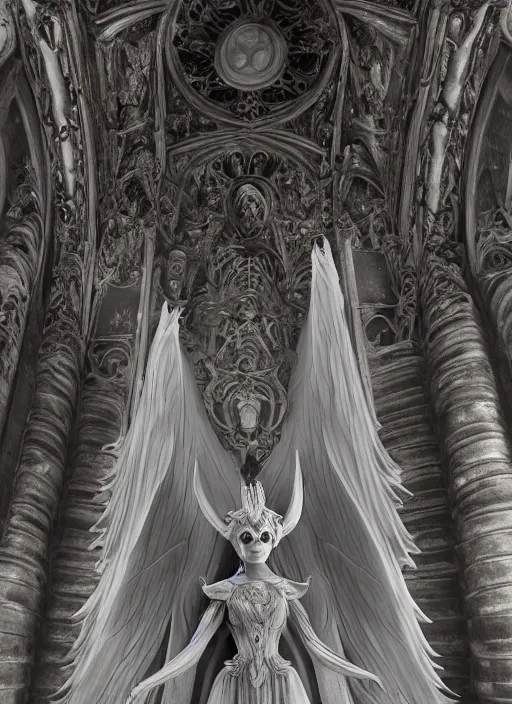 Prompt: Fine Art photo of a ancient sculptural demonic female Angel, rucifer, gothic and baroque sculpture, wearing long veil dress, six long wings, fallen angel with shadowy halo, in the large gothic cathedral , ornate, intricate and low contrast detailed, Guillermo del Toro style, full body portrait, hyper realistic, zbrush, epic perspective, octane render, volumetric light, cinematic lighting, cinematic detail, composition, photorealistic, render in unreal engine 5, 8k render, art sculpture, bone, ultra detailed technical precision, rule of third, dark epic scene