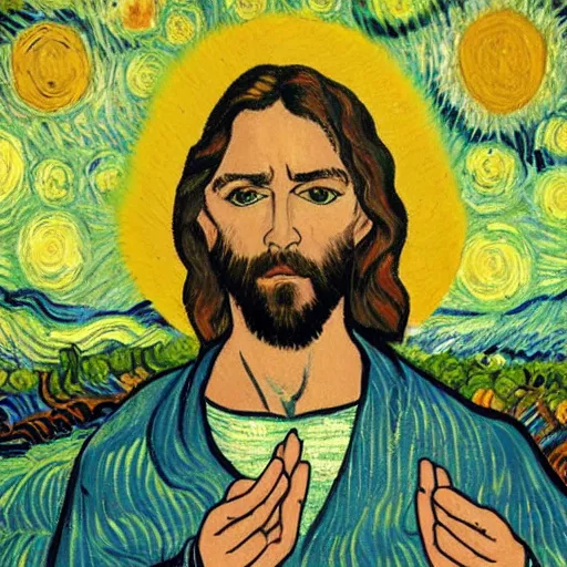 Image similar to jesus with jimm kerry spreads his hands against the background of growing cannabis. an oil painting in the style of van gogh