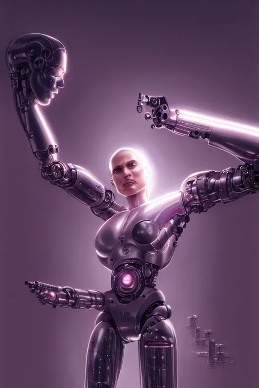 Prompt: cyborg, Natalie Portman, robotic arms, very detailed, dramatic lighting, electrical details, high details, 4k, 8k, trending on artstation, by Greg Rutkowski, Wayne Barlowe, Hajime Sorayama and Boris Vallejo