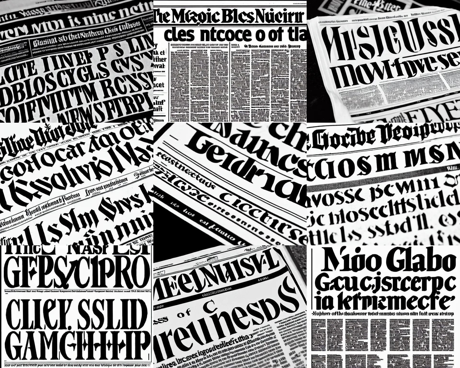 Prompt: the close up of a major newspaper with the masthead in gothic lettering, black and white, typography