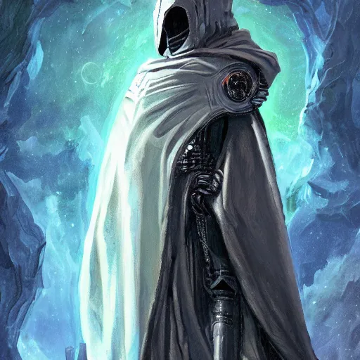 Image similar to tall thin gray - skinned brooding space elf nobleman in ornate hooded long dark cloak, on space station, highly detailed, mike mignogna, comic book, science fiction, dark tones, dark, rough paper, oil painting