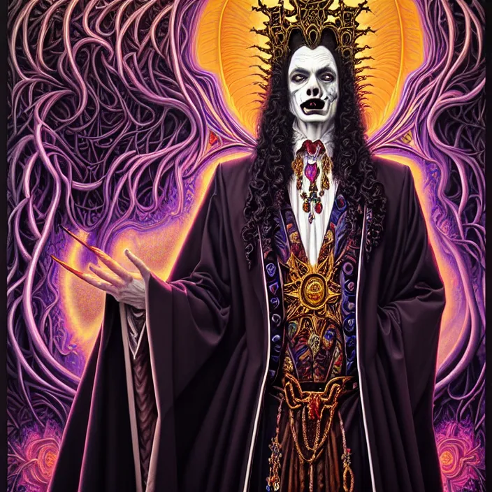 Image similar to beautiful oil painting, full length portrait of vampire in baroque coronation robes 1701, Dan Mumford, Dan Mumford, Alex grey, hyacinthe rigaurd, highly detailed , lsd visuals, dmt fractal patterns, visionary art, psychedelic art, ornate, vaporwave, baroque, Greg rutkowski