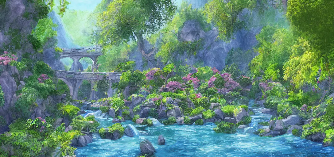 Prompt: Rivendell landscape painted by a five-year old, digital painting