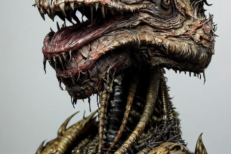 Image similar to photo taken of an epic intricate, ultra detailed, super realistic gritty, hero prop, exquisitely weathered animatronic movie prop of a lifelike sculpture of a nightmarish creature displayed in the workshop, created by weta workshop, full body shot, photorealistic, sharp focus