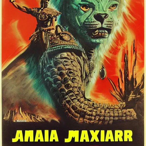 Prompt: 1 9 6 4 science fiction movie poster, mayan jaguar warrior