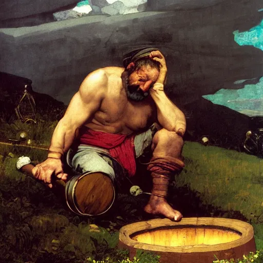 Prompt: within wine cask barrel Portrait Portrait of Diogenes of Sinope the Cynic Sage donning hobo costume whilst brandishing lantern lanthorn whilst laying in an enormous wine barrel theodore gericault winslow homer donato giancola john william waterhouse maxfield parrish mikhail vrubel arkhip kuindzhi astri lohne