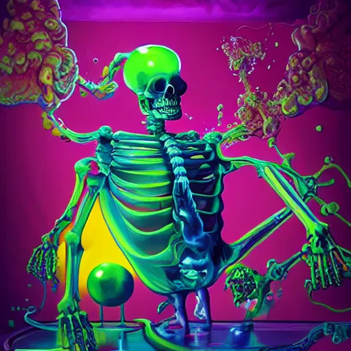 Image similar to jelly rococo gel skeleton vaping plasma and colorful auras, liquid, drippy, splashing, scifi 3 d paint spray by beeple, fernando botero, jeff koons, ivan shishkin, m. c. escher