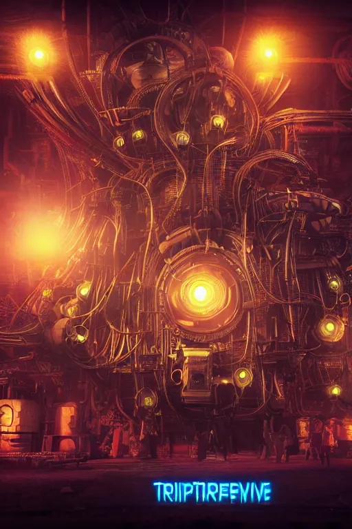 Image similar to a movieposter, moviename is tripmachine, photo of a huge futuristic steampunk generator inside a steampunk machinery, 8 k, fluorescent colors, halluzinogenic, multicolored, exaggerated detailed, 3 d render, octane
