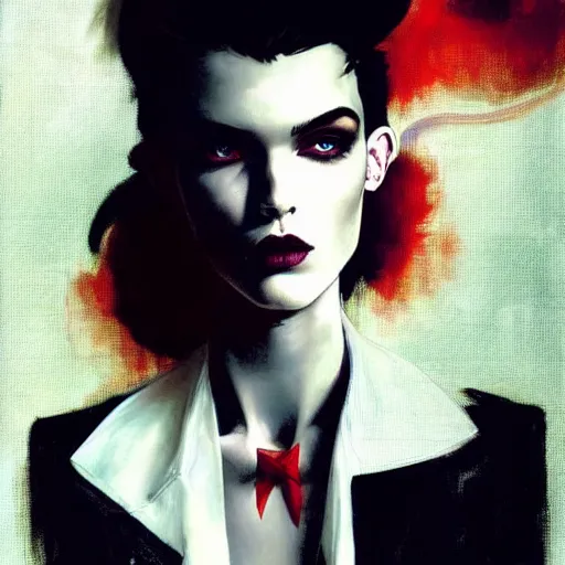 Image similar to stunning portrait of androgynous ruby rose as desire from sandman in a white tuxedo!!!, rockabilly style,, by alphonse mucha, by jeremy mann, by peter lindbergh, dave mckean, by frank moth, white suit and black tie, soft lightning, high detailed, 8 k