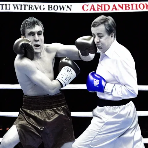 Prompt: Gordon Brown in a boxing match with David Cameron