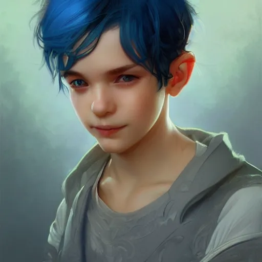 Image similar to young boy, blue hair, one eye bandadged gorgeous, amazing, elegant, intricate, highly detailed, digital painting, artstation, concept art, sharp focus, illustration, art by artgerm and greg rutkowski and alphonse mucha