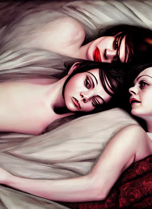 Prompt: christina ricci and emma stone lying in bed, backround dark, highly detailed, digital illustration, trending in artstation, modern painting, smooth, sharp focus, intricate, einar jonsson, ilya repin