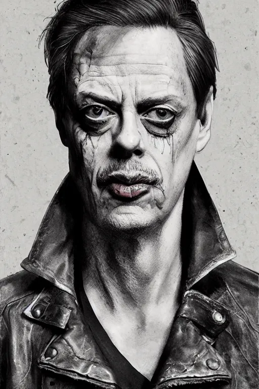 Prompt: Steve buscemi as a young man, shaved head, punk, tattered leather coat, intricate, elegant, dramatic lighting, highly detailed, lifelike, photorealistic, digital painting, artstation, illustration, concept art, smooth, sharp focus, art by John Collier and Albert Aublet and Krenz Cushart and Artem Demura and Alphonse Mucha