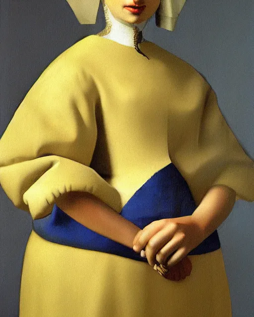 Prompt: vermeer digital realist painting of a beautiful modern girl wearing high fashion clothing