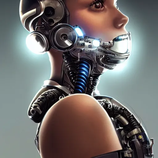 Image similar to a realistic detailed beautiful portrait of a cybernetic woman,glowing orb in her mouth, cyberpunk concept art, digital art, highly detailed, intricate, sci-fi, sharp focus, Trending on Artstation HQ, deviantart, unreal engine 5, 4K UHD image, hyperrealistic, photorealistic, art by artgerm and greg rutkowski and alphonse mucha