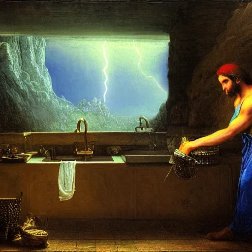 Prompt: A biblical painting of Jacob Washing dishes next to a window by Gustave Doré, Scenic, Dramatic, lightning storm in background