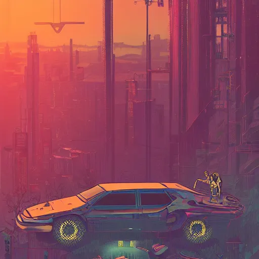 Prompt: Stunning illustration of single cyberpunk explorer overlooking lush forest filled with abandoned cars and robots , highly detailed, sunset, by Victo Ngai and James Gilleard , Moebius, Laurie Greasley