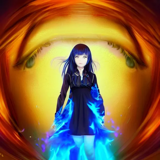 Image similar to advanced digital portrait painting photograph, a teenage anime girl wearing a dress made out of blue fire , full body, very long black/red hair, one yellow and one blue eye, intense stare, cinematic lighting, medium shot, MCU, very high details, trending on artstation, CSP, Photoshop, WLOP, Rossdraws, James Jean, Andrei Riabovitchev, Marc Simonetti, Anastasia Ovchinnikova, BEN MAIER and Sakimichan