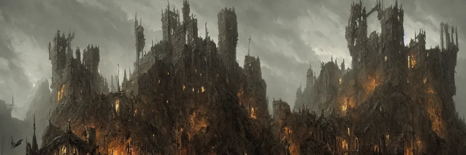 Prompt: harrenhall castle from westeros by greg rutkowski, artstation and rodney matthews, extremely hyperdetailed, grim atmosphere, iron architecture, foreboding evil vibe, ominous, ramparts, bulwarks, gallows