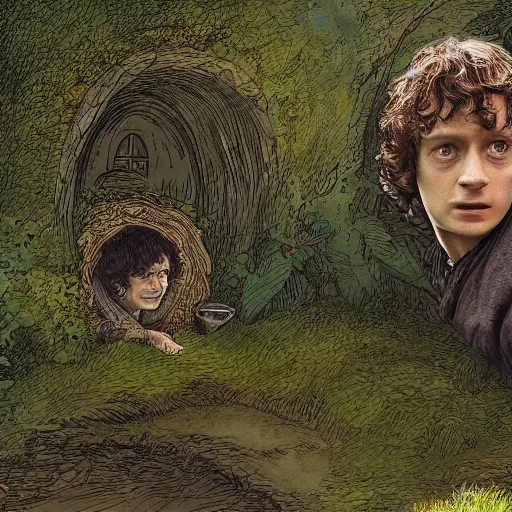 Image similar to frodo baggins in the shire surrounded by hobbit holes In the style of moebius, detailed 4k photograph, HDR, very detailed