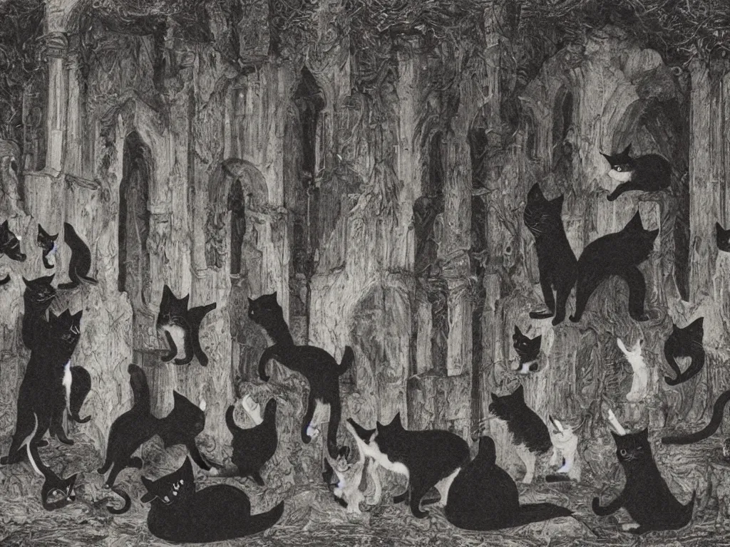 Prompt: the group of cats dressed in ritual hoodies performing strange black magick ritual in a dark gothic temple of antichrist