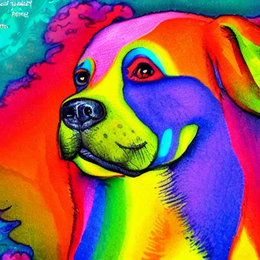 Image similar to portrait friendly cute happy stylish realistic rainbow dog. background in the style of art nouveau. lively. colorful. hd.